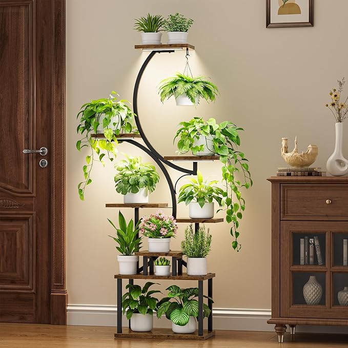 Plant Stand Indoor with Grow Lights - 62" Tall Plant Shelf, Lighted Corner Plant Stands for Indoor Growing, 8 Tiered Large Flower Holder, S-Shaped Decorative Rack for Living Room, Black, Patent Design