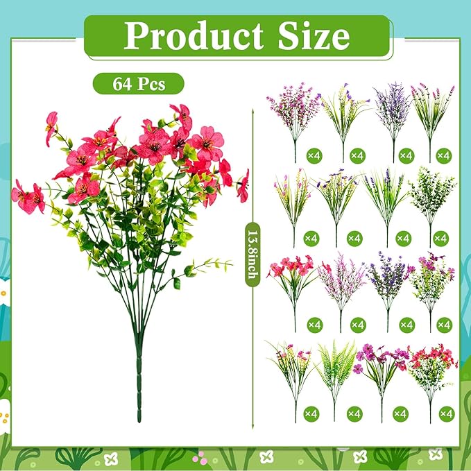 Zeyune 64 Bundles Faux Flowers Outdoors UV Resistant Artificial Plastic Flowers Plants Fake Realistic Eucalyptus Violet Lavender Plant Wildflower Bulk for Outside Yard Home Patio Garden Decor(Bright)