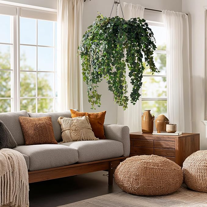 2PCS Fake Plants Decor,Artificial Morning Glory for Home Decor Indoor,Fake Ivy Plants Realistic Faux Plants Indoor for Home Living Room Bedroom Office Decoration