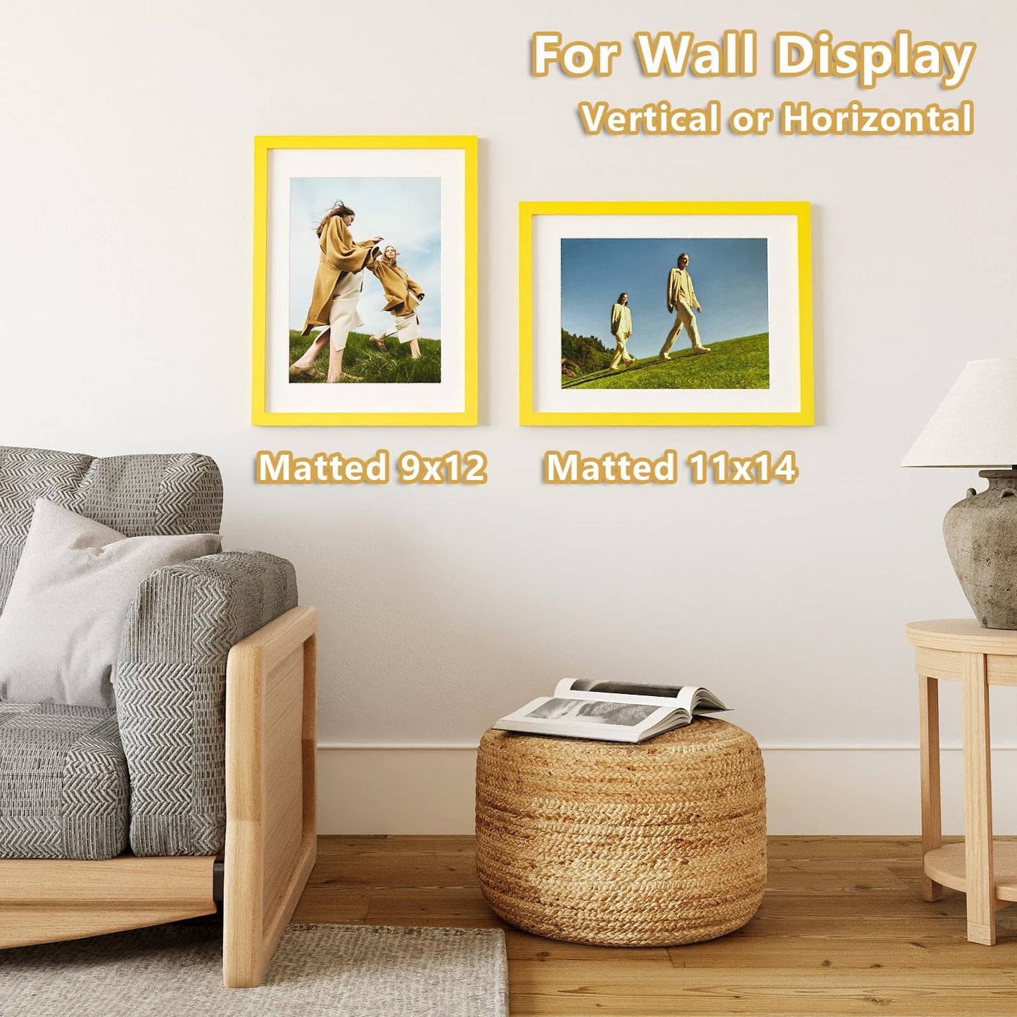KINLINK 12x16 Picture Frame Yellow, Solid Wood Frames with Acrylic Plexiglass for Pictures 11x14/9x12 with Mat or 12x16 without Mat,Wall Display Photo Frame, Set of 4