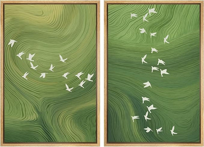 SIGNFORD Framed Canvas Print Wall Art Set Green Swirl Abstract White Birds Illustration Modern Art Decorative Nordic Nature for Living Room, Bedroom, Office - 24"x36"x2 Natural