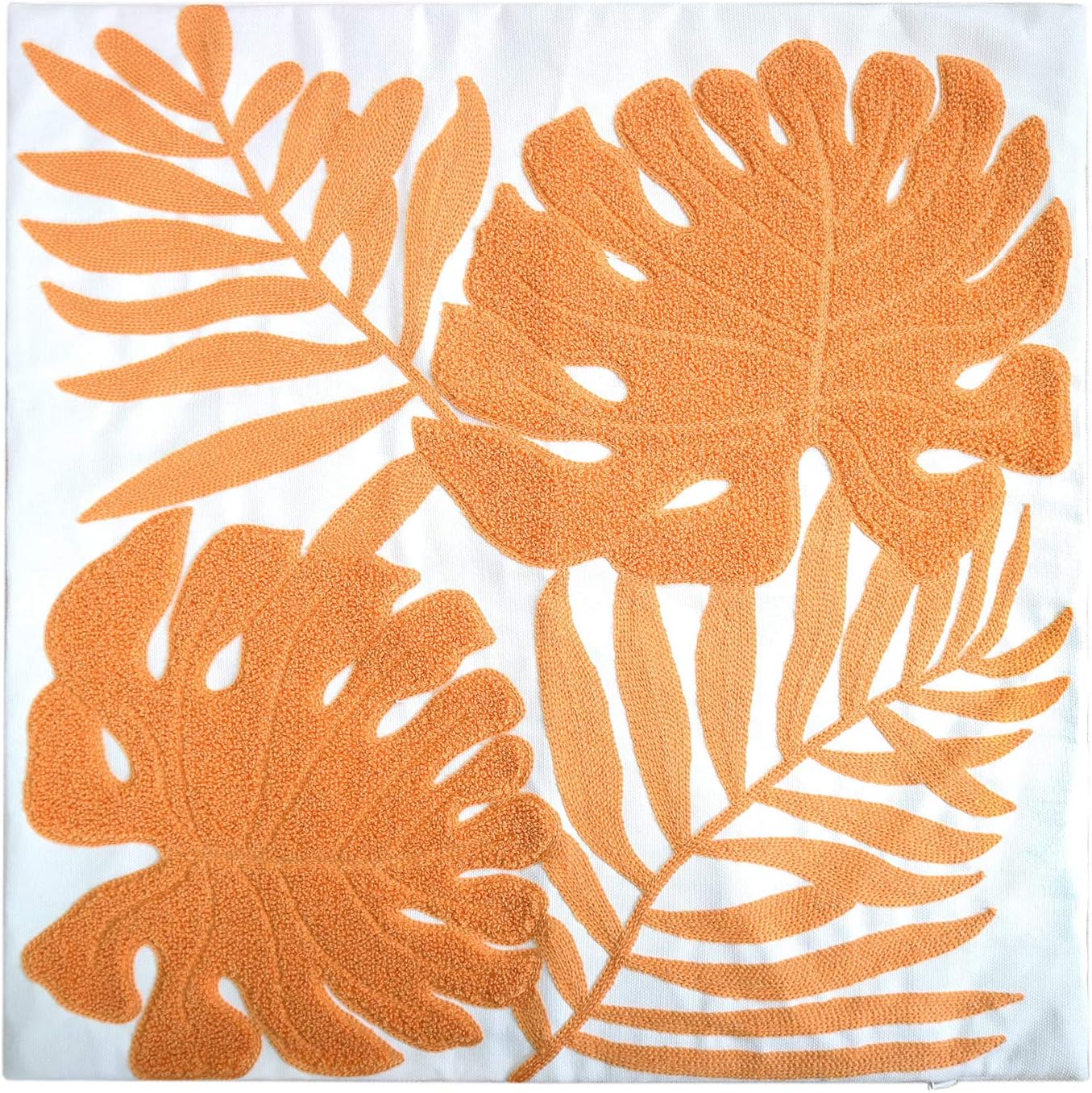 Embroidery Throw Pillow Covers 18x18 Home Decor Floor Pillow Cover for Couch Bed Chair 100% Cotton Loop Embroidered Orange Tropical Leaves Cushion Cover Square Pillowcase 45x45cm, 1 Piece