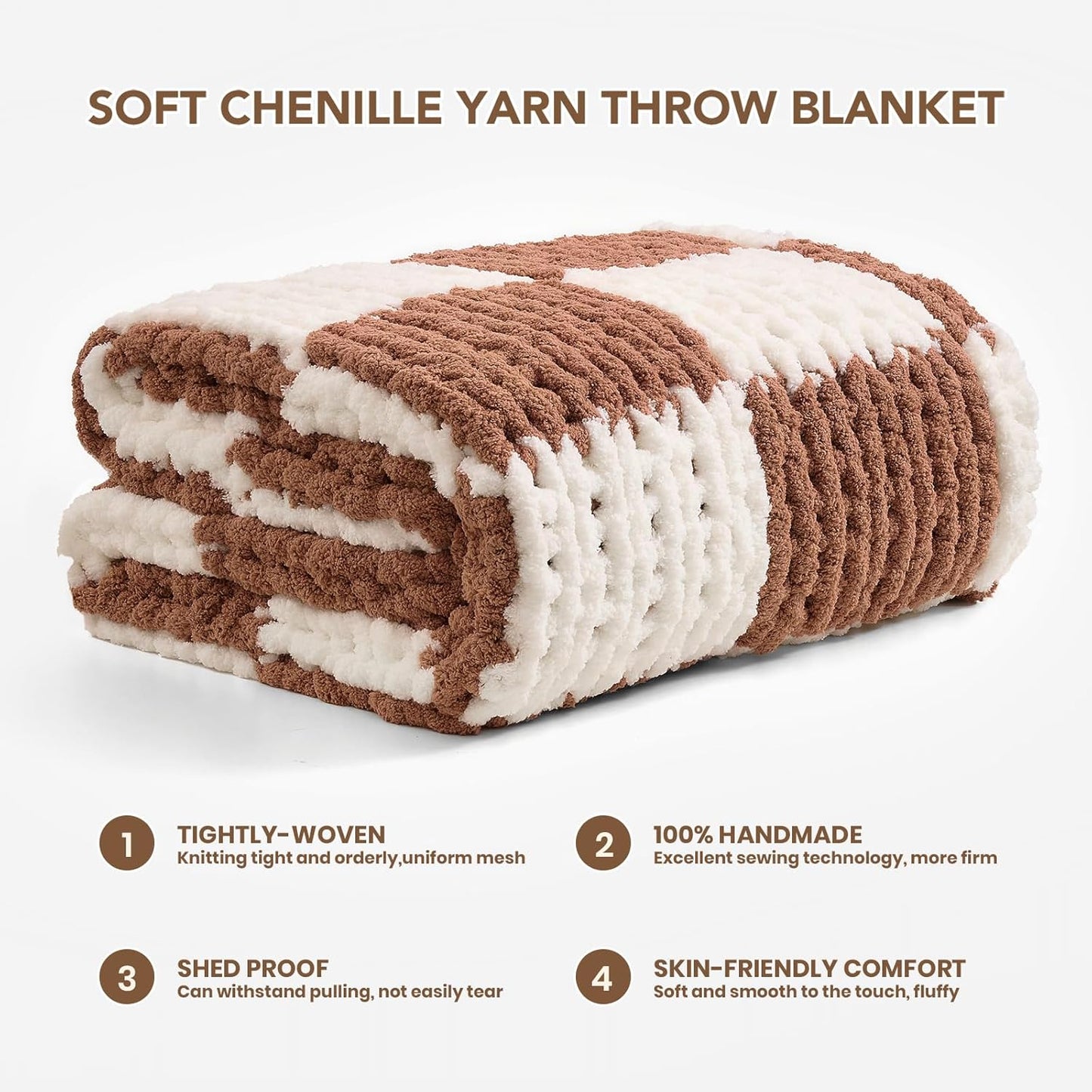 L'AGRATY Chunky Knit Blanket Throw: 60''x80'' Chenille Chunky Knitted Throw Blankets for Twin Bed Couch - Handmade Thick Cable Knit Blanket - Large Crochet Blankets for Home Decor(Brown Checkered)