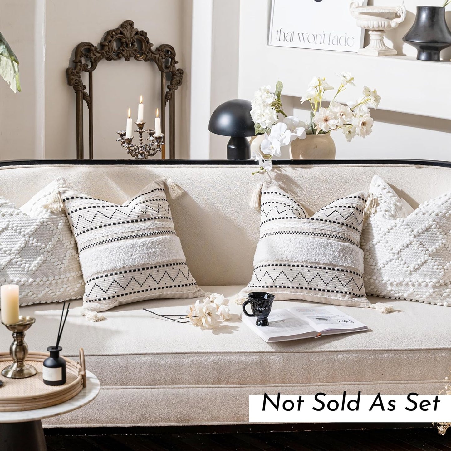 BlissBlush Decorative Throw Pillow Cover 20x20 Square Boho Black Neutral White Accent Pillowcase Tassels Farmhouse Cushion for Couch Sofa Bedroom Living Room Home Décor (Cover ONLY, Pack of 1)