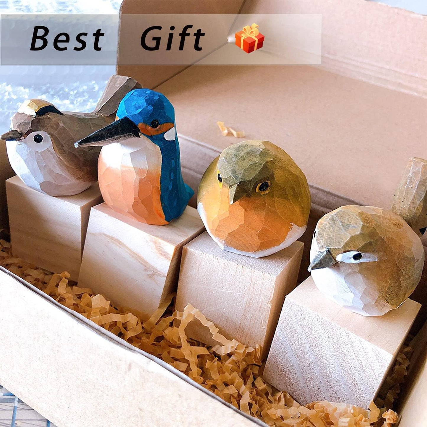 Handmade Wooden Carved Bird Decor Sculpted Hand-Painted Bird Figurines Small Home Decor Bird Statue Shelf Decor BFF Gifts for Bird Lovers (Suit-New)