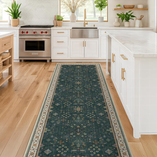 Dark Green 2x5 Kitchen Rug - Modern Vintage Boho Eclectic Floral Pastel, Washable Low Pile Non-Slip Small Runner Rugs for Entryway Door Mat Indoor Entrance, Bedroom, Hallway