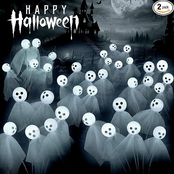 VIHOSE 2 Packs Halloween Solar Lights Outdoor 12 LED Solar Ghost Pathway Lights Waterproof Spooky Ghost Path Light Outdoor Halloween Decorations for Outside Garden Lawn Yard Decors (White)