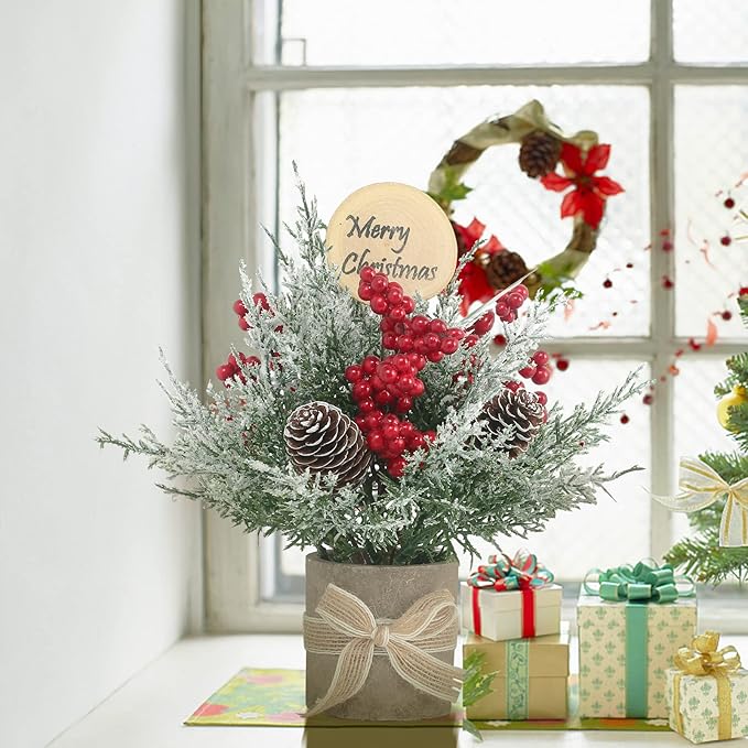 2PCS Small Christmas Tree,Tabletop Mini Xmas Tree,9" Artificial Little Potted for Christmas Decor,Suitable for Weddings, Holidays, Christmas and Other Festivals.(Red/Green)