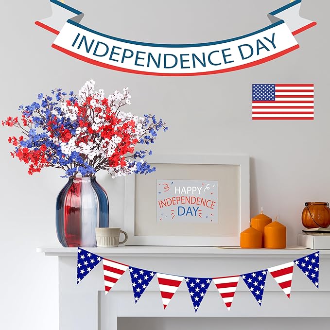 4th of July Red White and Blue Decorations Flowers 6 Bundle Artificial Babys Breath Fake Silk Patriotic Flowers for Independence Day Americana Home Decor Floral Indoor Arrangement Table Centerpieces