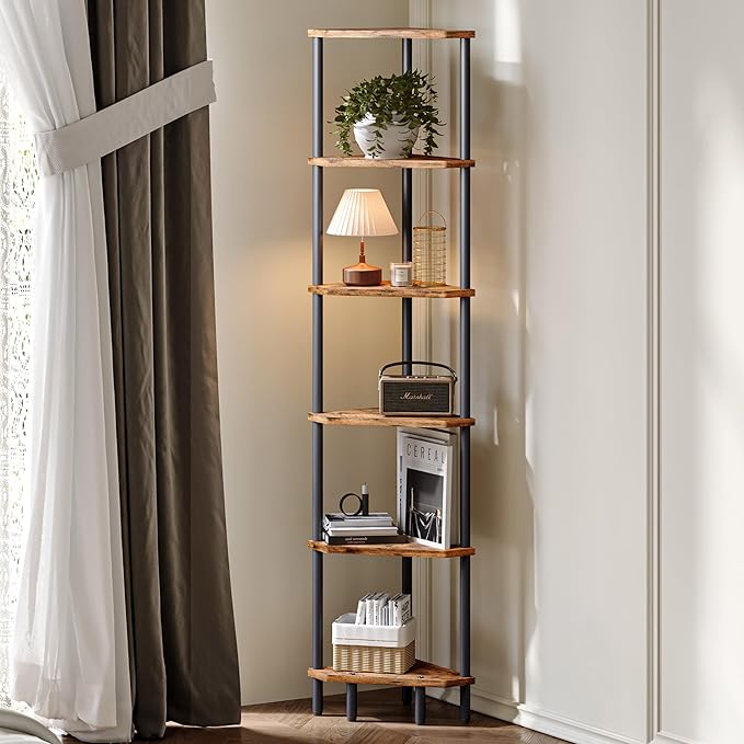6 Tier Corner Shelf, 66.5'' Tall Standing Shelf, Narrow Display Shelf Stand, Modern Corner Bookshelf, Plant Stand, Corner Bookcase for Living Room, Bedroom, Bathroom, Rustic Brown LCS502R
