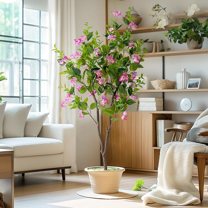 5FT Artificial Bougainvillea Tree Artificial Tree Tall Potted Fake Bougainvillea Trees for Outdoor Indoor Lifelike Potted Faux Plants with Wood Trunk and Flowers Office Wedding Home Decor