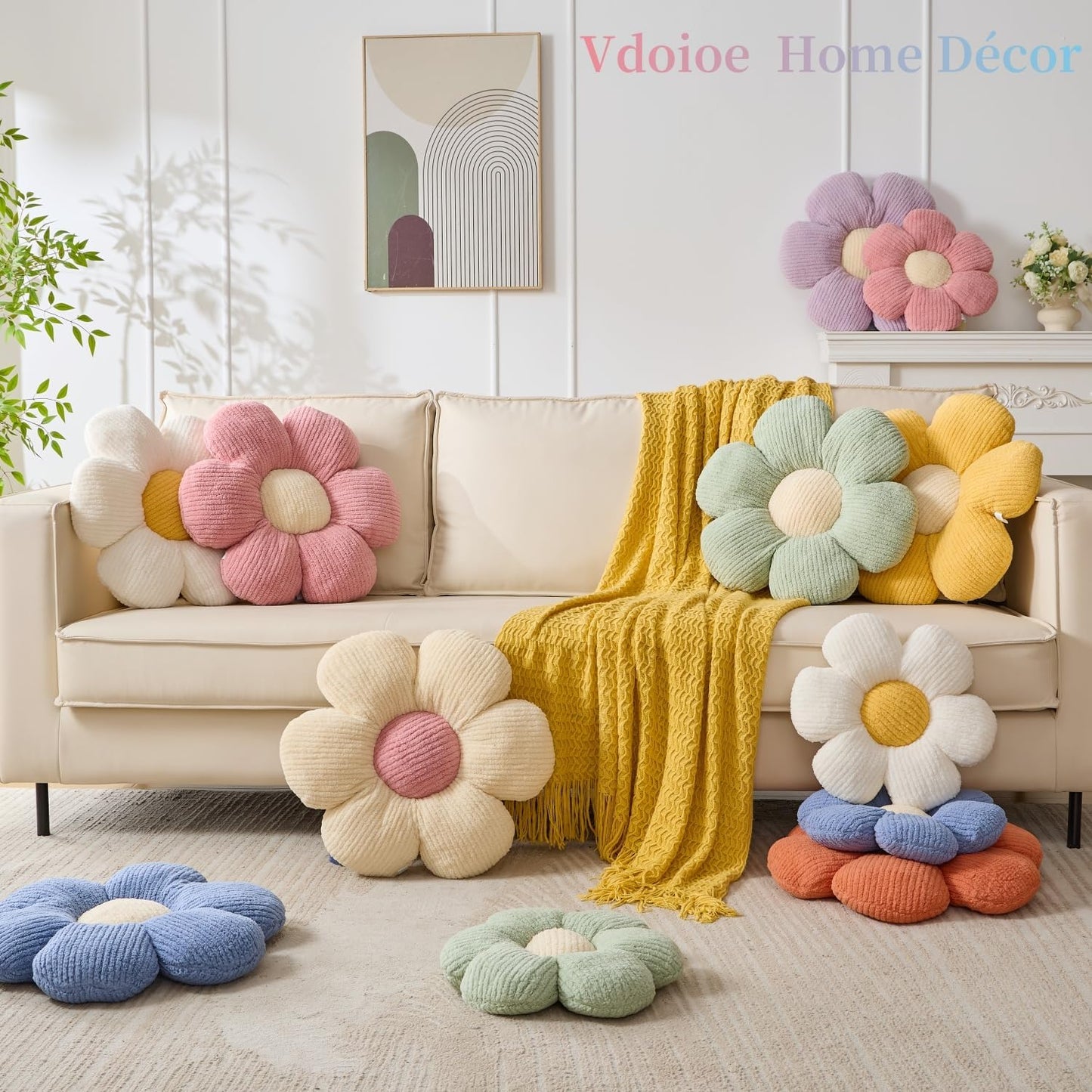 Daisy Shaped Throw Pillow - Orange Flower Plush Cushion, 15.75" Decorative Seating