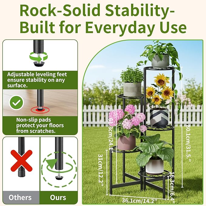 Plant Stand Indoor Outdoor, 5 Tier Corner Metal Flower Display Holder Stand, Folding Tall Plant Rack for Patio Balcony Porch Garden Living Room House, Heavy Duty Wrought Iron Plant Shelf - BlackS