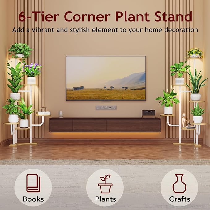 Corner Plant Stand with Grow Light - 6 Tier Plant Stand Indoor Round Metal Plant Shelf with Adjustable Light, Plant Organizer for Living Room, Graden, Home Decor (Maple)