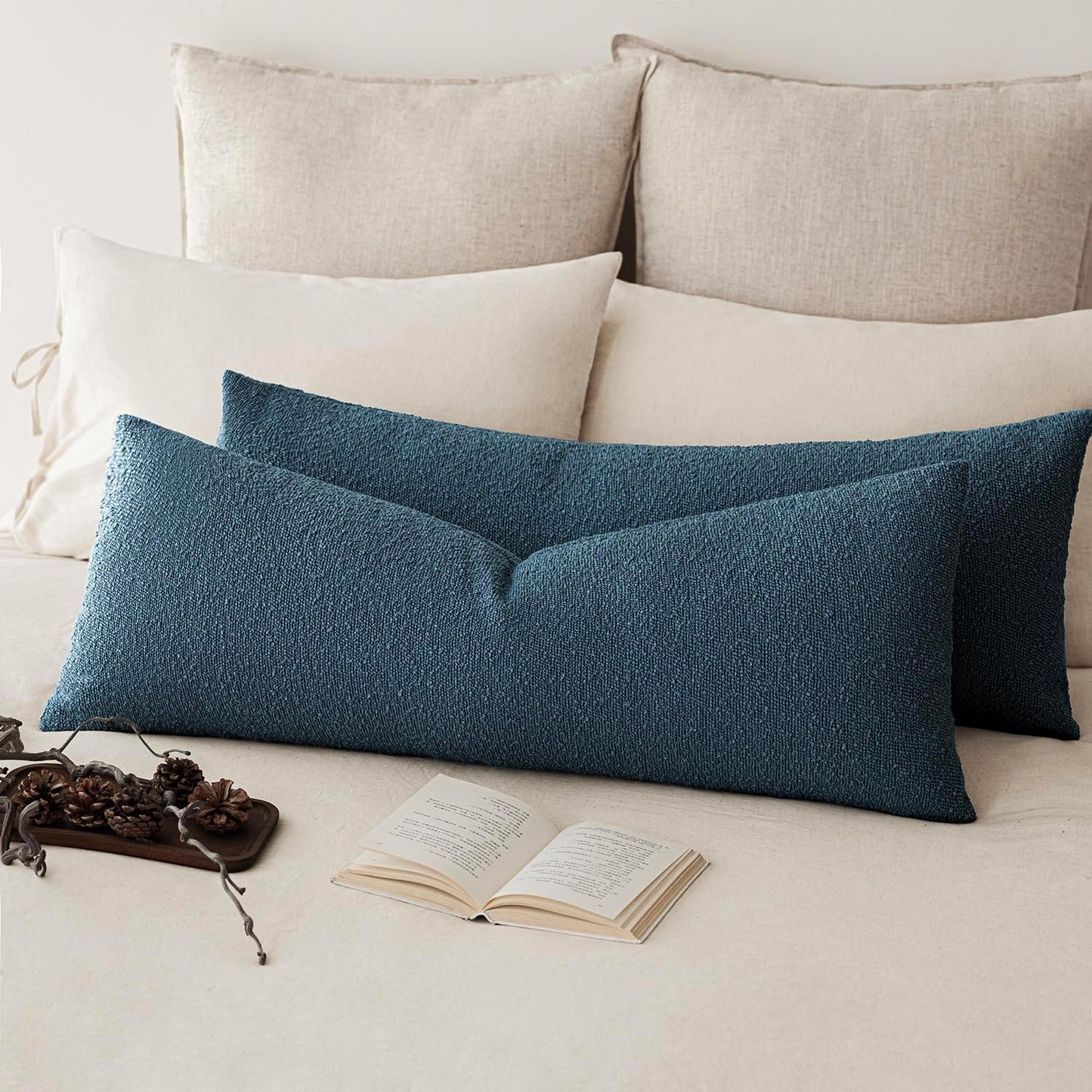 Foindtower Decorative Textured Boucle Throw Pillow Covers Accent Solid Pillow Cases Neutral Long Body Lumbar Couch Cushion Case for Chair Sofa Bedroom Living Room Home Decor 14x36 Inch,1PC,Blue