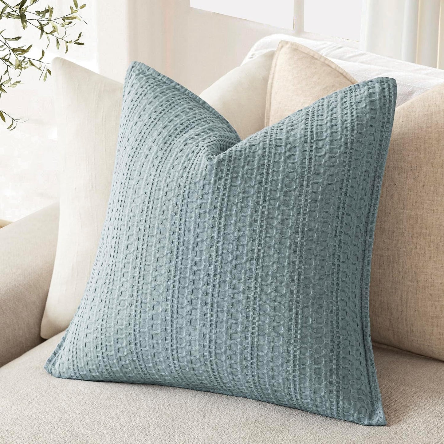 Foindtower Set of 2 Decorative Cotton Waffle Weave Throw Pillow Covers Euro Shams Cushion Covers Accent European Pillowcase for Bed Couch Sofa Bedroom Living Room Home Decor 24×24 Inch Light Blue