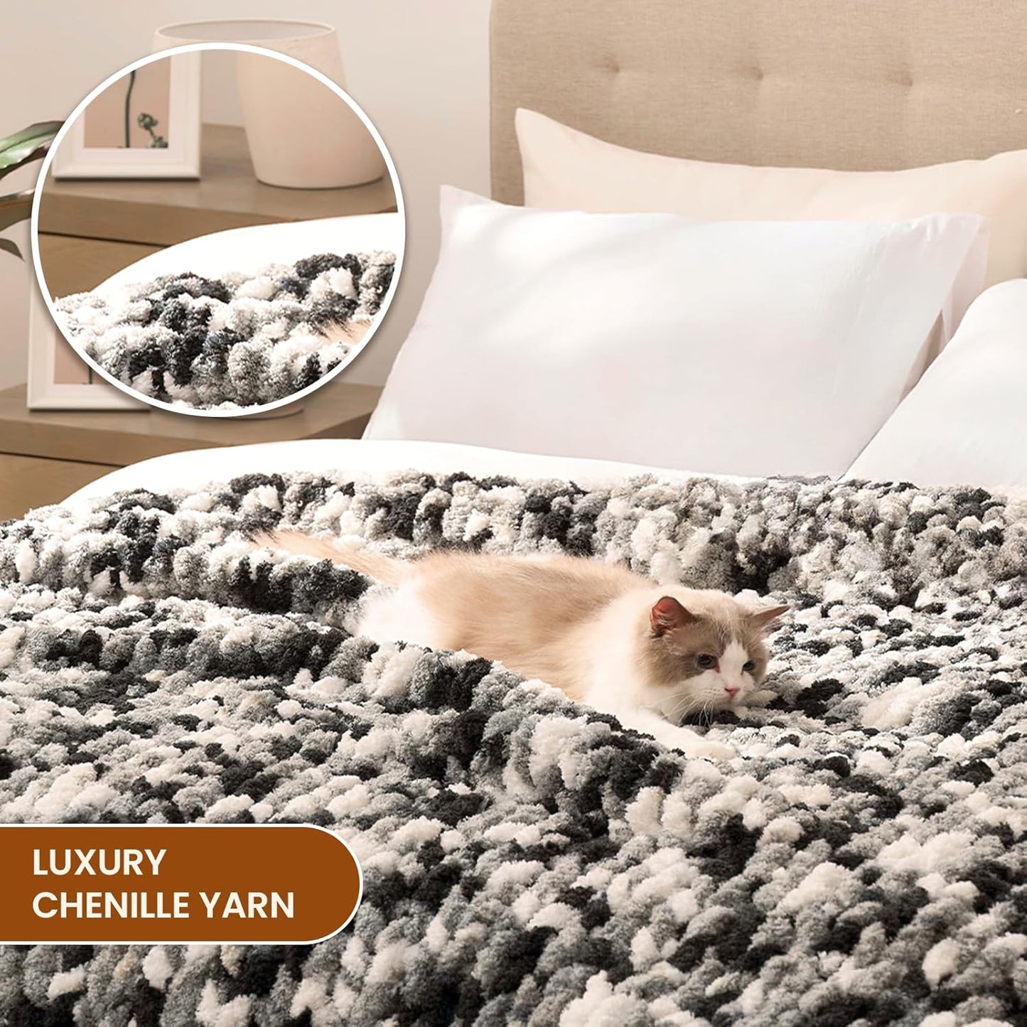 L'AGRATY Chunky Knit Blanket Throw: 60''x80'' Chenille Chunky Knitted Throw Blankets for Twin Bed Couch - Handmade Thick Cable Knit Blanket - Large Crochet Rope Blankets for Home Decor