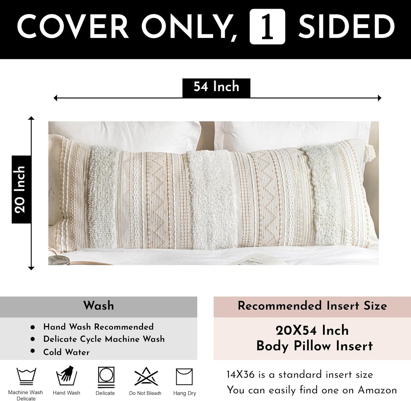 BlissBlush Large Body Pillow Cover for Bed 20x54 Boho Accent Oversized Long Pillowcase for Bedroom Neutral White Decorative Cushion Farmhouse Home Décor (Cover ONLY, Pack of 1)