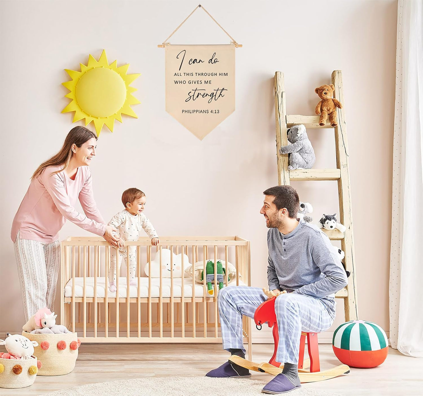 I Can Do All This Through Him- Scripture Sign-Bible Verse Decor-Flag Decor Gift For Baby Boys Girls Newborn Kids- Banner Wall Sign Gifts For Nursery Baby Room Playroom Bedroom Front Door