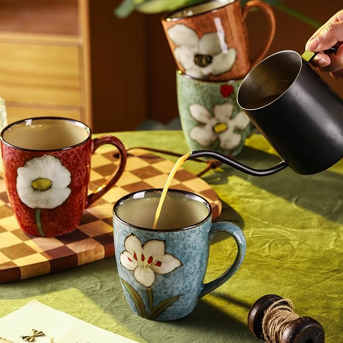 12oz/350ml Ceramic Coffee Mug with Handle,Hand Painted Vintage Floral Cappuccino Cups, Suitable for Tea Cups,Colorful Stoneware Coffee Mugs and Drinking Cup,Ideal Gifts for Women and Men-Pink