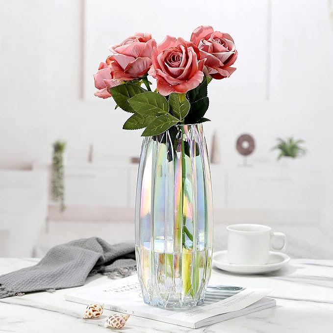 Glass Vase - Modern Ribbed Glass Vase for Flowers, Candles, and Decorative Accents -Black Grey, Amber, Clear and Colored Tall/Short Glass Vase for Centerpieces Home Table Decor (Colored, H-11.8inch)