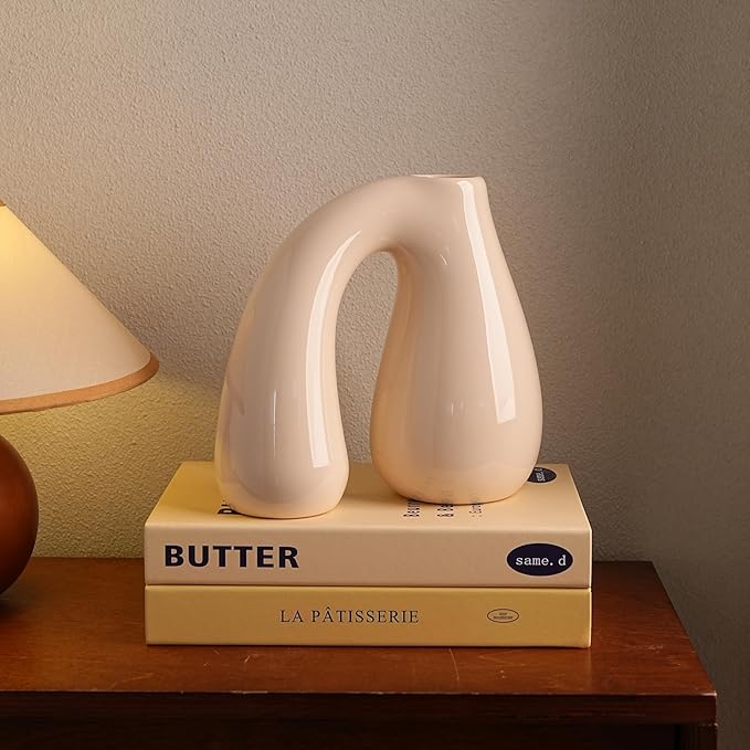 White Ceramic Decorative Pitcher Vase, 7.5 in – Glossy Sculptural Arch-Handle, Modern Home Décor Accent for Fresh or Dried Floral Arrangements, Table/Shelf/Entryway, Giftable