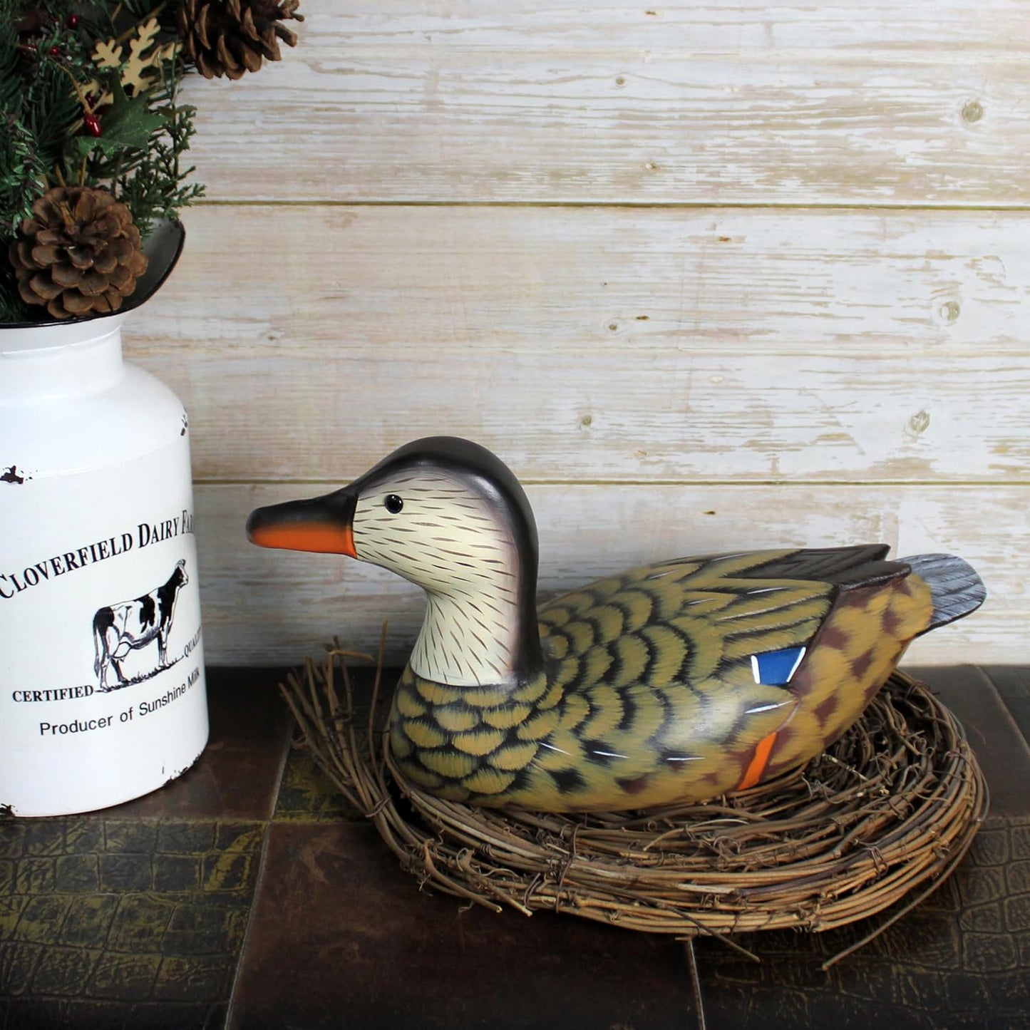 CVHOMEDECO. Primitives Hand Engraving and Painted Wood Duck Decor Farmhouse Figurine Mallard Decorative Accent, 13 Inch, Brown