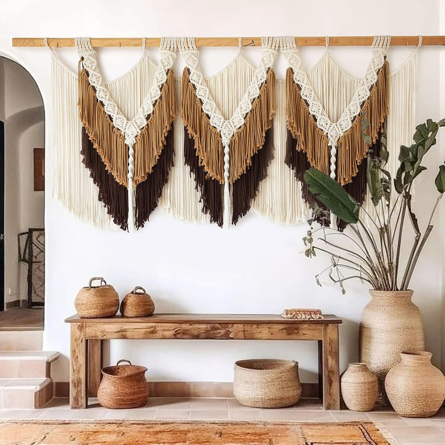 Macrame Wall Hanging Boho Wall Hanging Brown Dorm Wall Decor Craftsmanship Handmade Tassel Knotting Boho Fiber Art Home Room Decor 47" W x 25" L