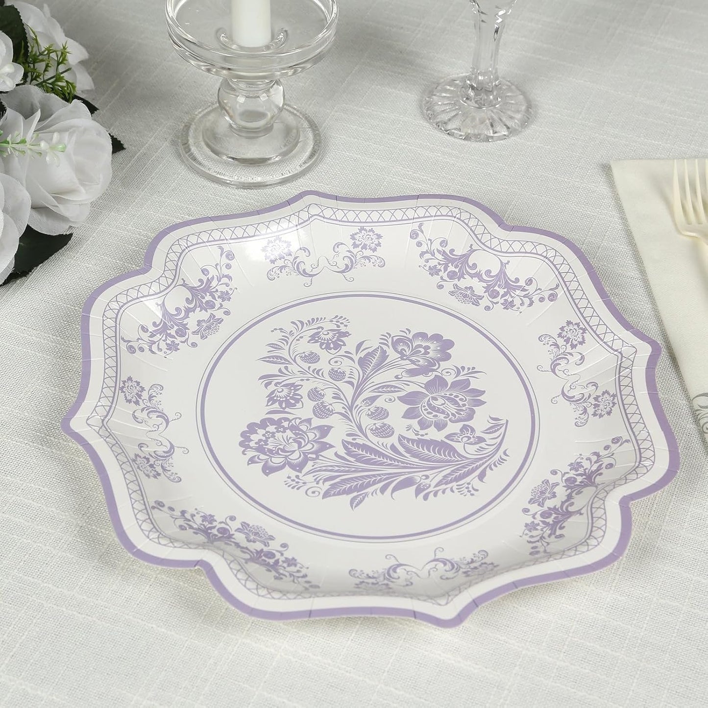 Efavormart 25 Pack White Lavender Lilac Paper Dinner Plates in Damask Floral Pattern, 10" Disposable Party Plates with Scalloped Rims - 300 GSM