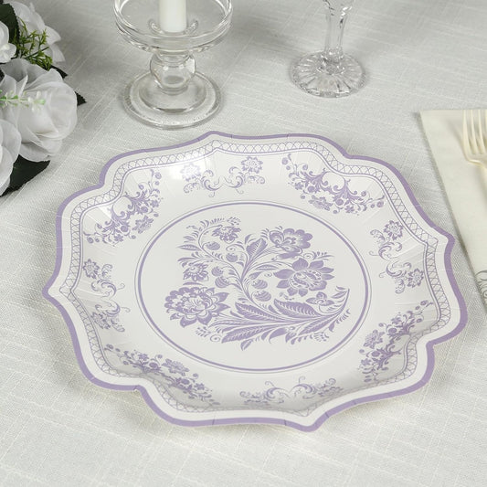 Efavormart 25 Pack White Lavender Lilac Paper Dinner Plates in Damask Floral Pattern, 10" Disposable Party Plates with Scalloped Rims - 300 GSM
