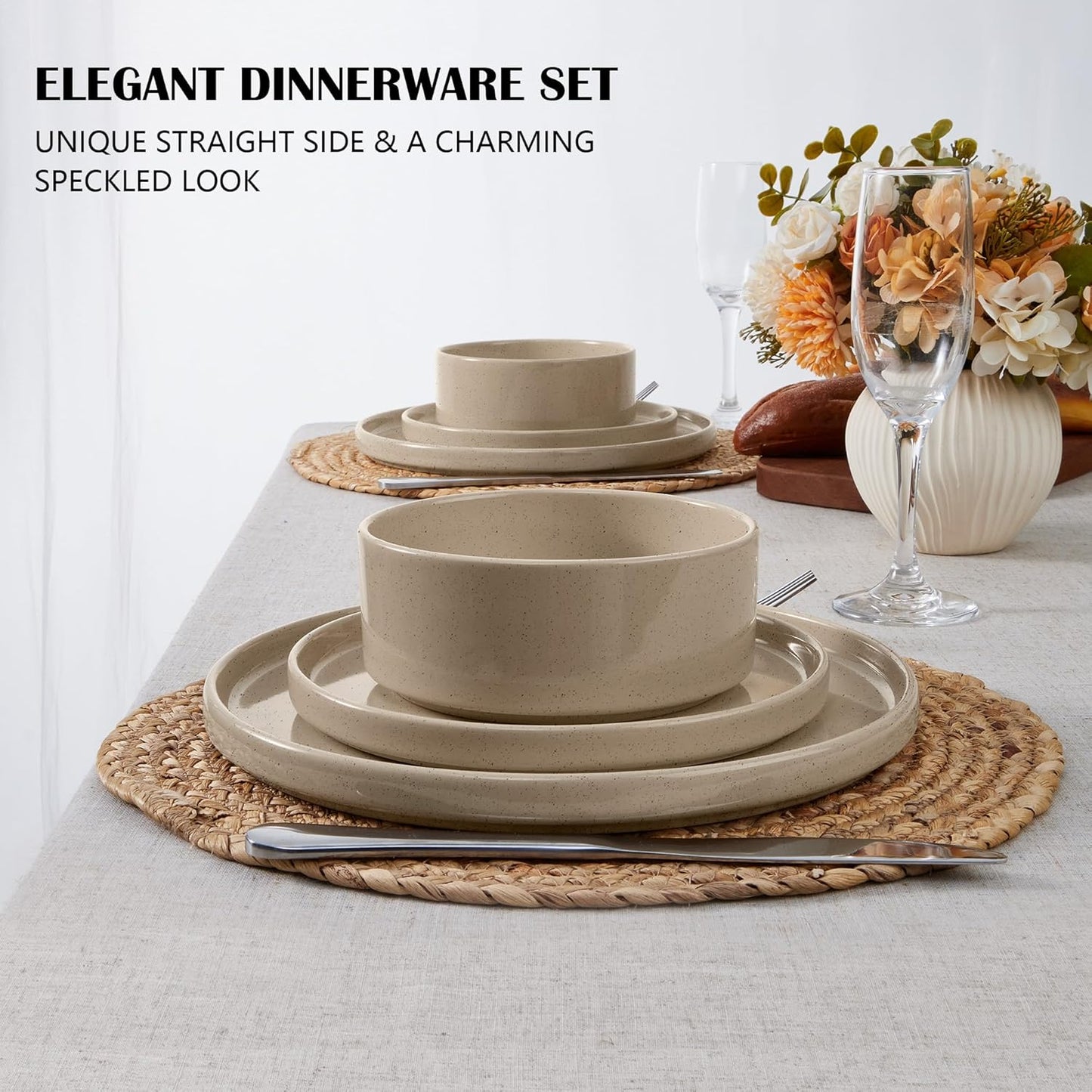 E-far Dinnerware Sets for 6, 18-Piece Stoneware Plates and Bowls Dish Set, Modern Kitchen Dinning Dishware, Chip and Scratch Resistant, Microwave & Dishwasher Safe, Speckled Khaki