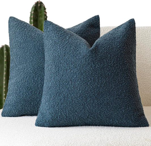 Foindtower Set of 2, Decorative Textured Boucle Throw Pillow Covers Accent Solid Pillow Cases Neutral Soft Cozy Couch Cushion Case for Chair Sofa Bedroom Living Room Home Decor 16 x 16 Inch Blue
