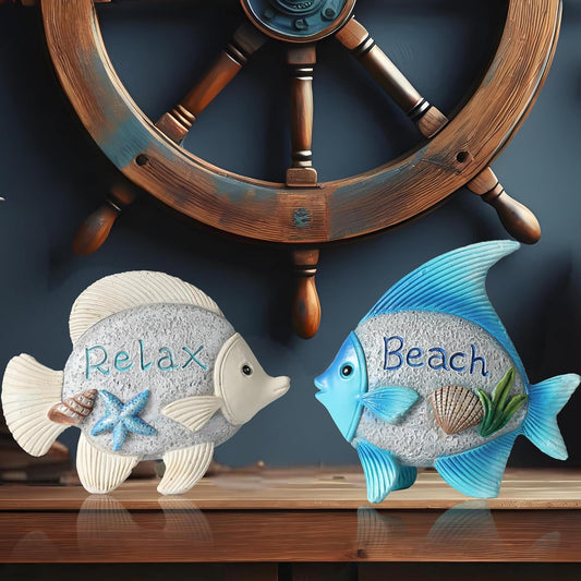 Coastal Charm Resin Fish Figurines - Set of 2 Decorative Relax & Beach Decor Nautical Themed 4.4'' Statues for Home Hotel (Fishes)