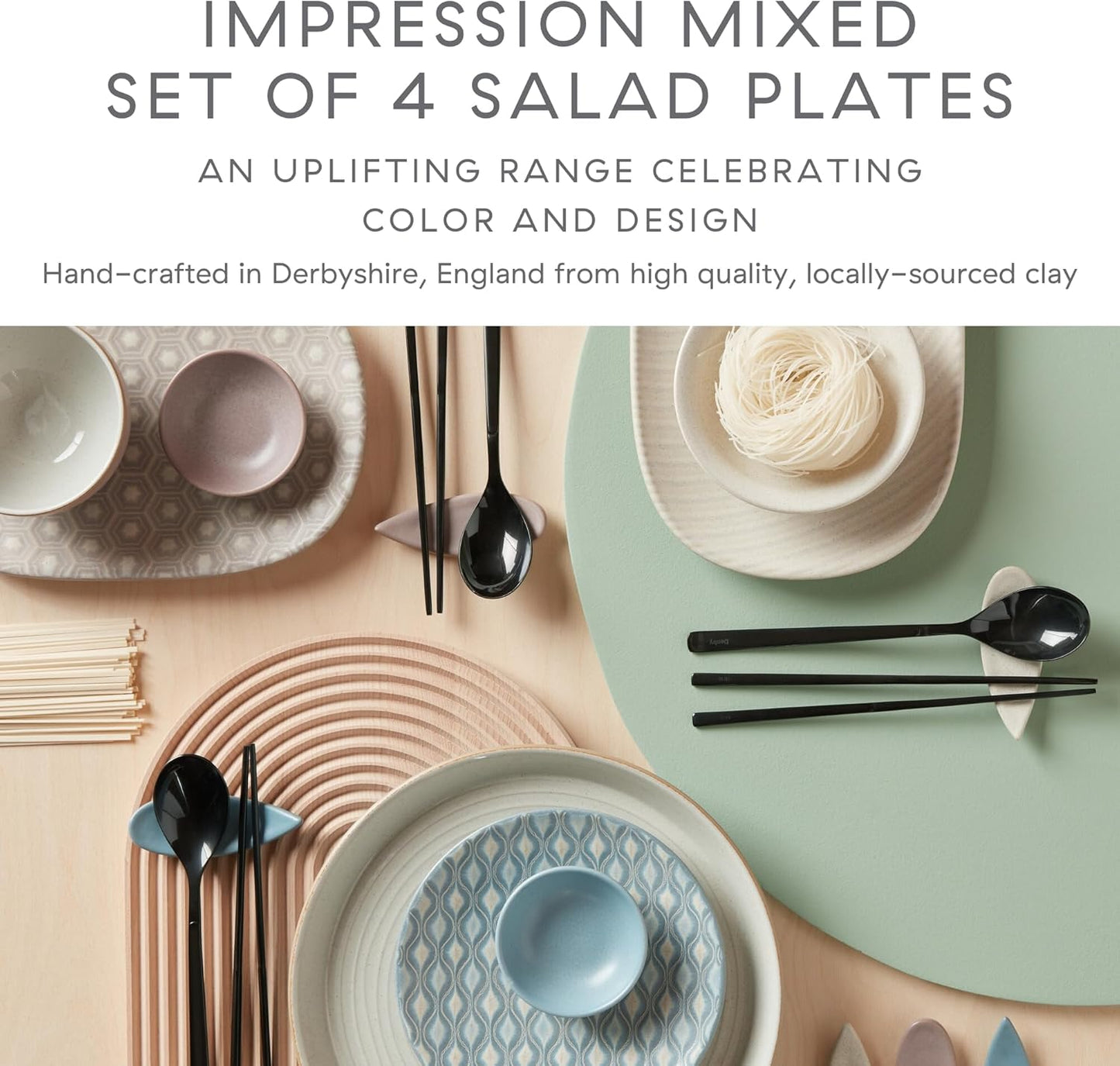 Denby - Impression Mixed Color Medium Plates Set of 4-8.25" Dishwasher Microwave Safe Crockery - Ceramic Stoneware Tableware Plates For Lunch & Salad - Pink, Cream, Blue & Black