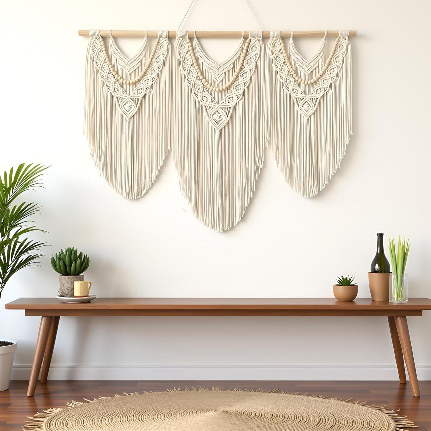 large macrame wall hanging - Boho Tapestry Macrame Wall Decor Art- Chic Bohemian Handmade Woven Tapestry Home Decoration for Bedroom Living Room Apartment Wedding Party - 43"x32" (Beige-Wood Bead)