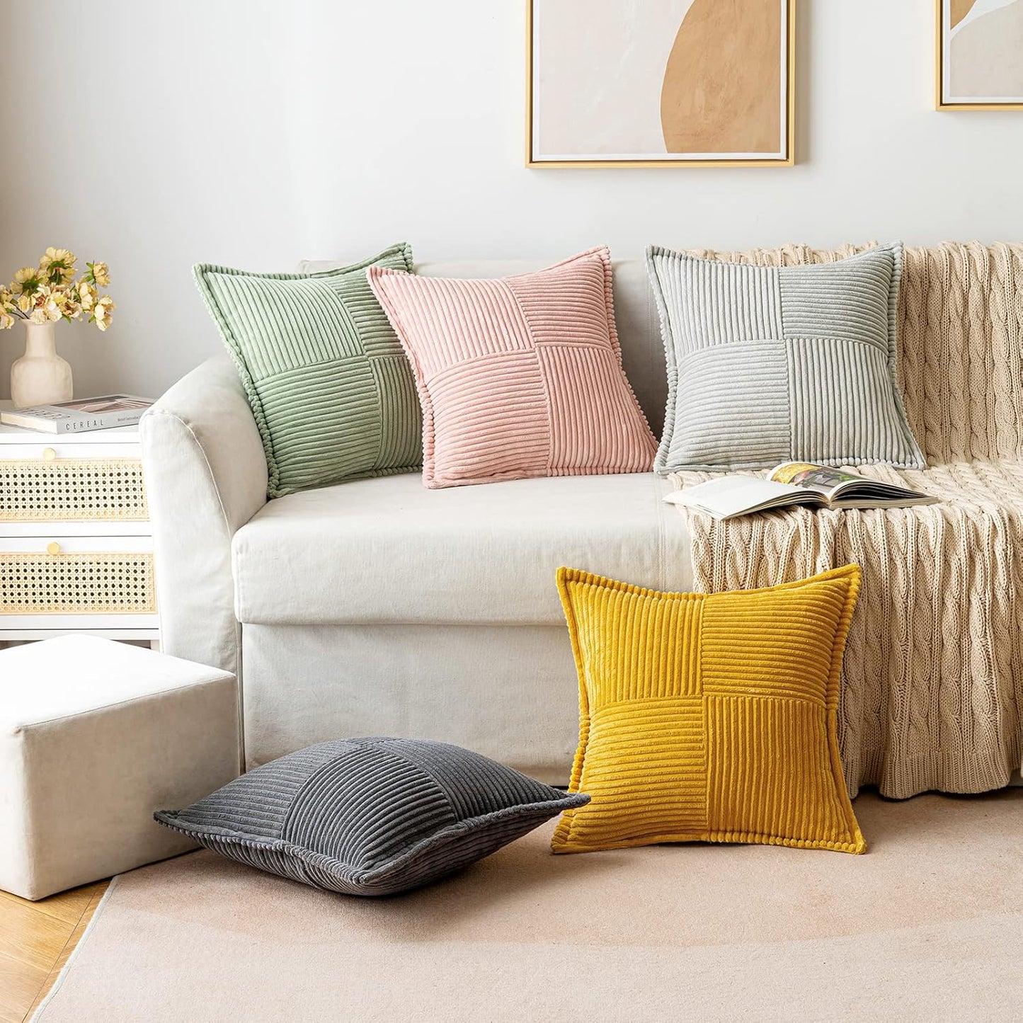 MIULEE Light Grey Corduroy Decorative Euro Sham Pillow Covers 24x24 Inch with Splicing Set of 2 Soft Boho Pillow Covers Broadside Textured Pillowcases for Couch Bed Livingroom