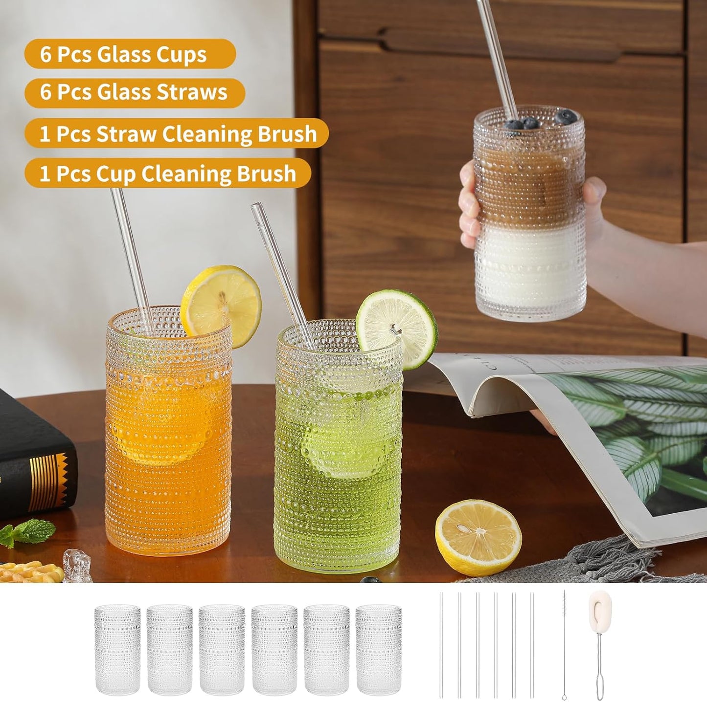 Large Vintage Hobnail Drinking Glasses Set of 6, 16oz Clear Highball Glasses Cups, Kitchen Water Glasses Cup, for Cocktail, Juice, Whiskey, Milk and Various Mixed Drinks