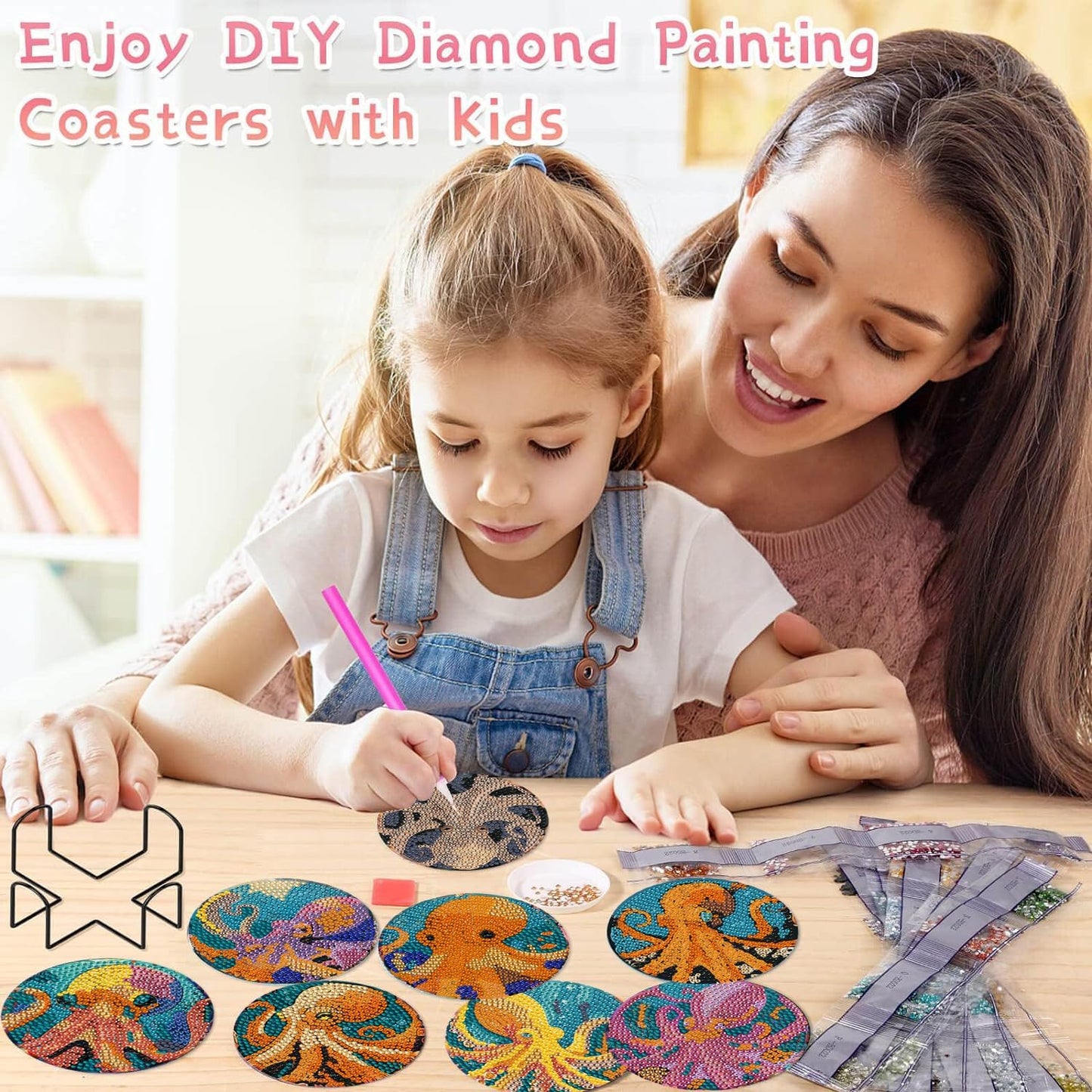 Leatrice 8 Pcs Octopus Diamond Art Coasters Small Diamond Painting Kits for Adults Beginners Women, Gem Art Coasters with Holder, Funny DIY Crafts for Home Decor