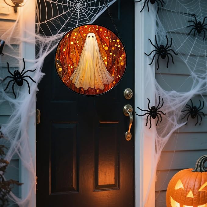 Stained Glass Window Hanging - Halloween Decoration Glowing Forest Ghost Suncatcher for Door Garden Spooky Orange Sun Catchers Gothic Decor Horror Gifts for Women Men Friend Boy Girl 15 in