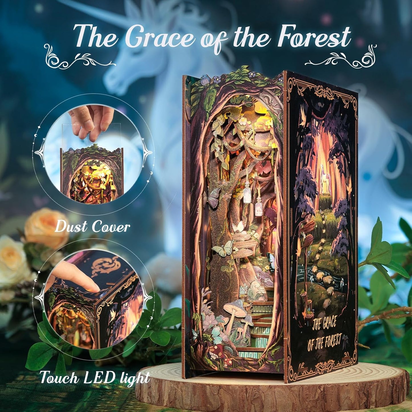 Cutefun Book Nook Kit, DIY Miniature Dollhouse Kit for Adults and Teens, 3D Wooden Puzzle Bookends, Bookshelf Insert Decor w/LED Light Dust Cover, Christmas Birthday Gifts (Forest Unicorn)