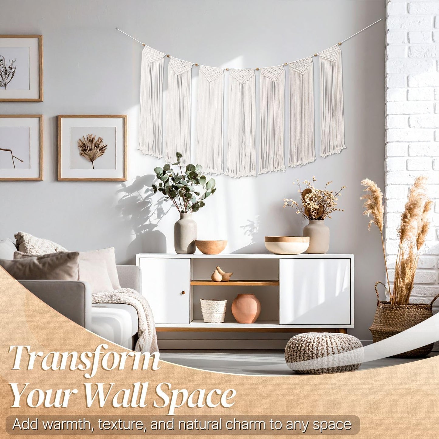 Flexzion Macrame Wall Decor Hanging Boho Hand Woven Tapestry Art Bunting Banner Bohemian Wall Decor for Home Bedroom Living Room Rustic Hippie Garland Baby Nursery, 47 Inch Cream White Cotton Curtain