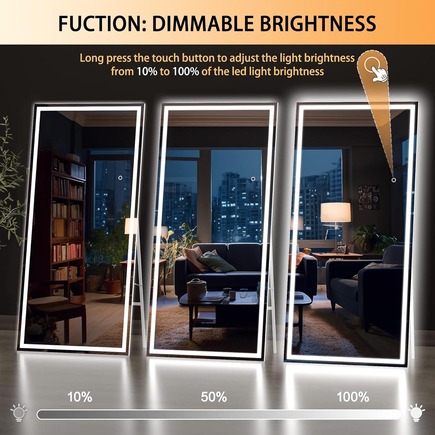 Hasipu Full Length LED Mirror with Lights, 71" x 27.6" Floor Standing or Hanging Mounted, Full Body Dressing Mirror, Dimmable Light, Tempered Glass, Square White