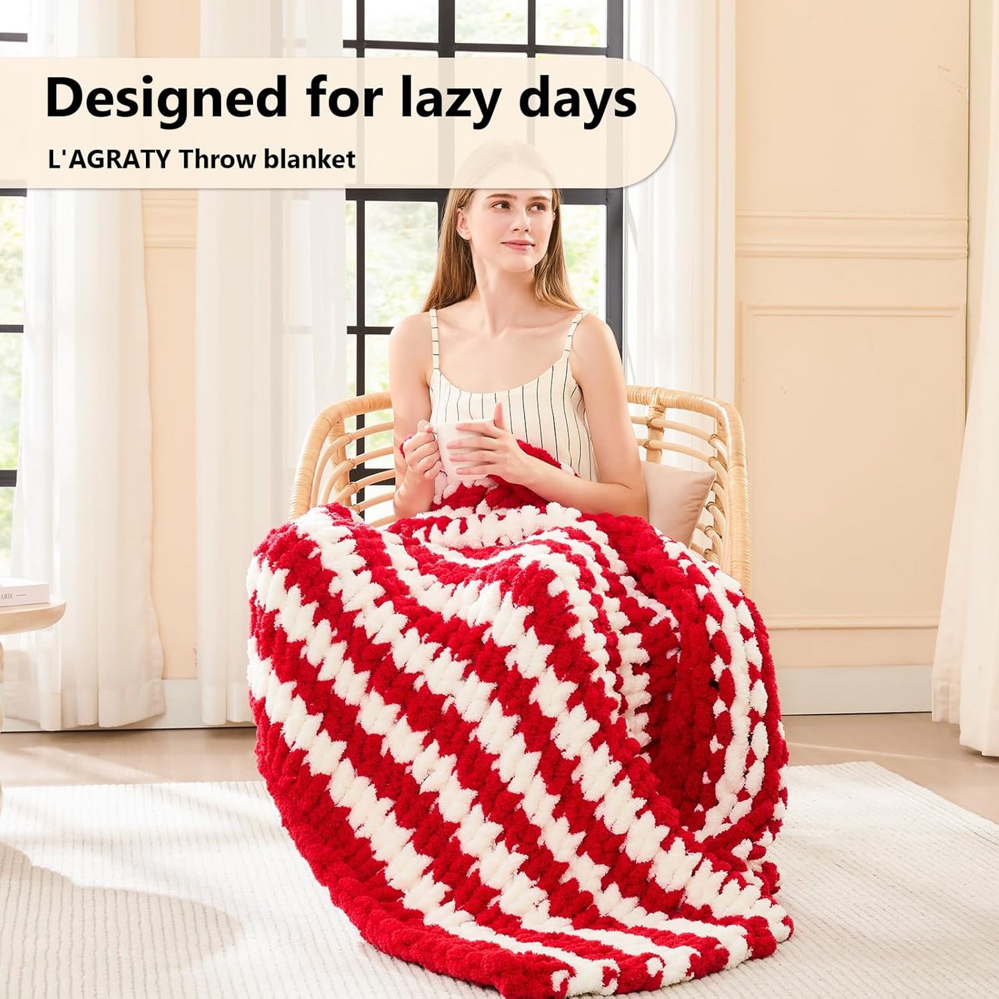 L'AGRATY Chunky Knit Blanket Throw - Soft Chunky Throw Blanket 40x50: 100% Hand Kintted Chenile Crochet Throw Blanket for Couch - Large Cable Knit Chunky Blanket for Home Decor(Red and White)