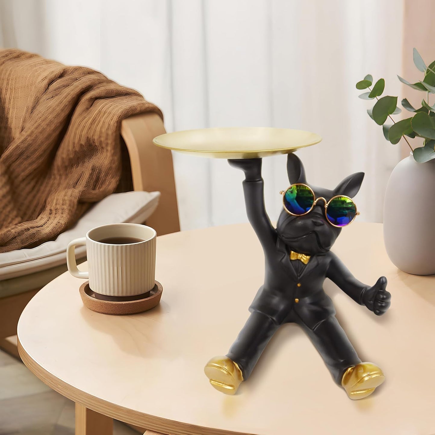 French Bulldog Tray Statue, Black Frenchie Sculpture with Gold Tray for Entrance Coffee Table Décor, Dog Key Holder Jewelry Trays