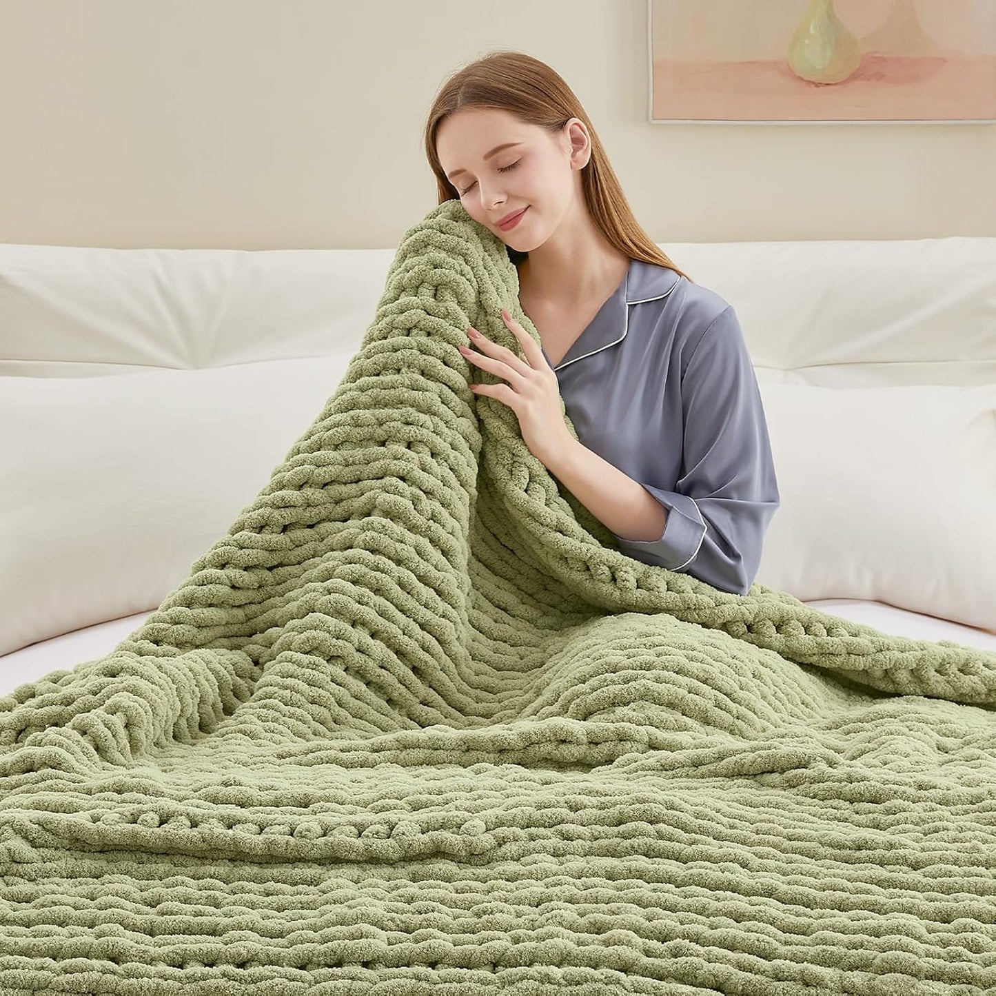 Chunky Knit Throw Blanket, 50''*60'' Knitted Throw Chenille Yarn for Bed Couch, Handmade Light Green Crochet Big Thick Blanket, Machine Washable Cute Comfy Blanket for Home Decor