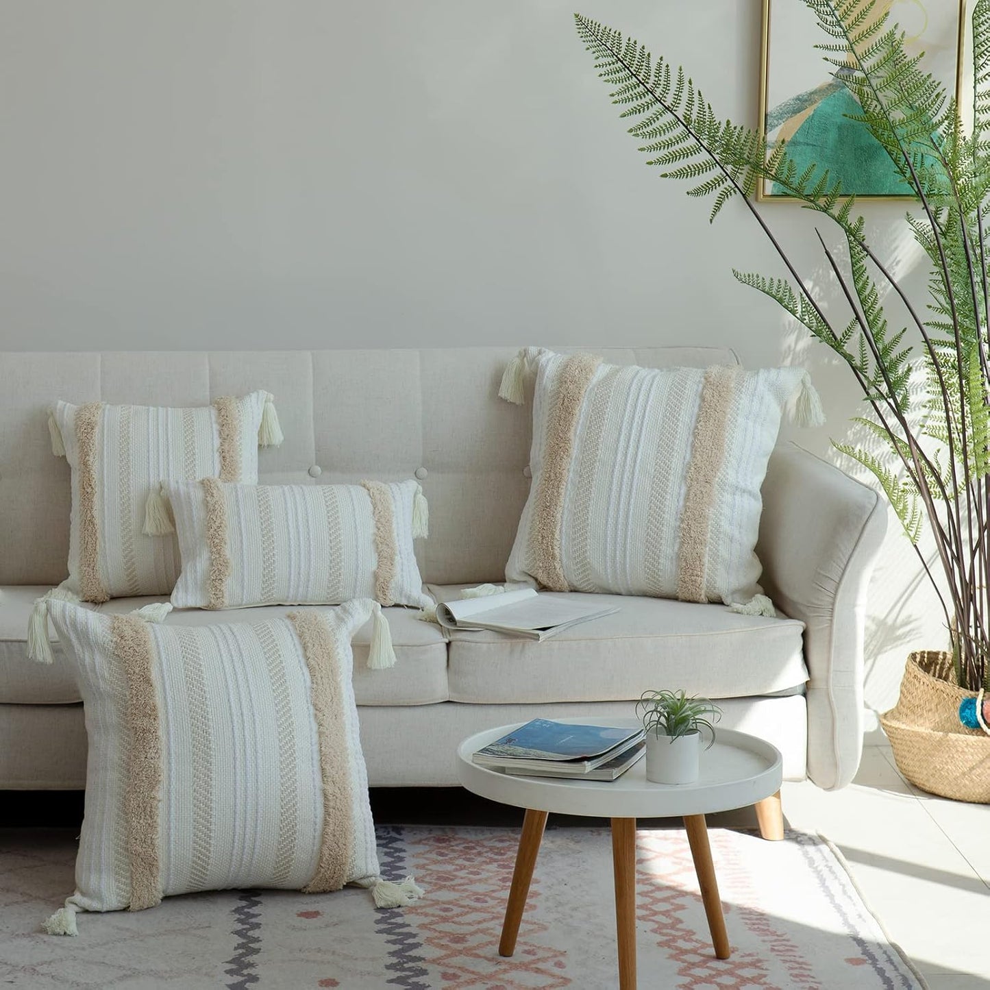 blue page Boho Tufted Throw Pillow Cover 24x24, Neutral Woven Decorative Square Pillow Case for Couch or Bed, Modern Farmhouse Accent, Yellowy Cream