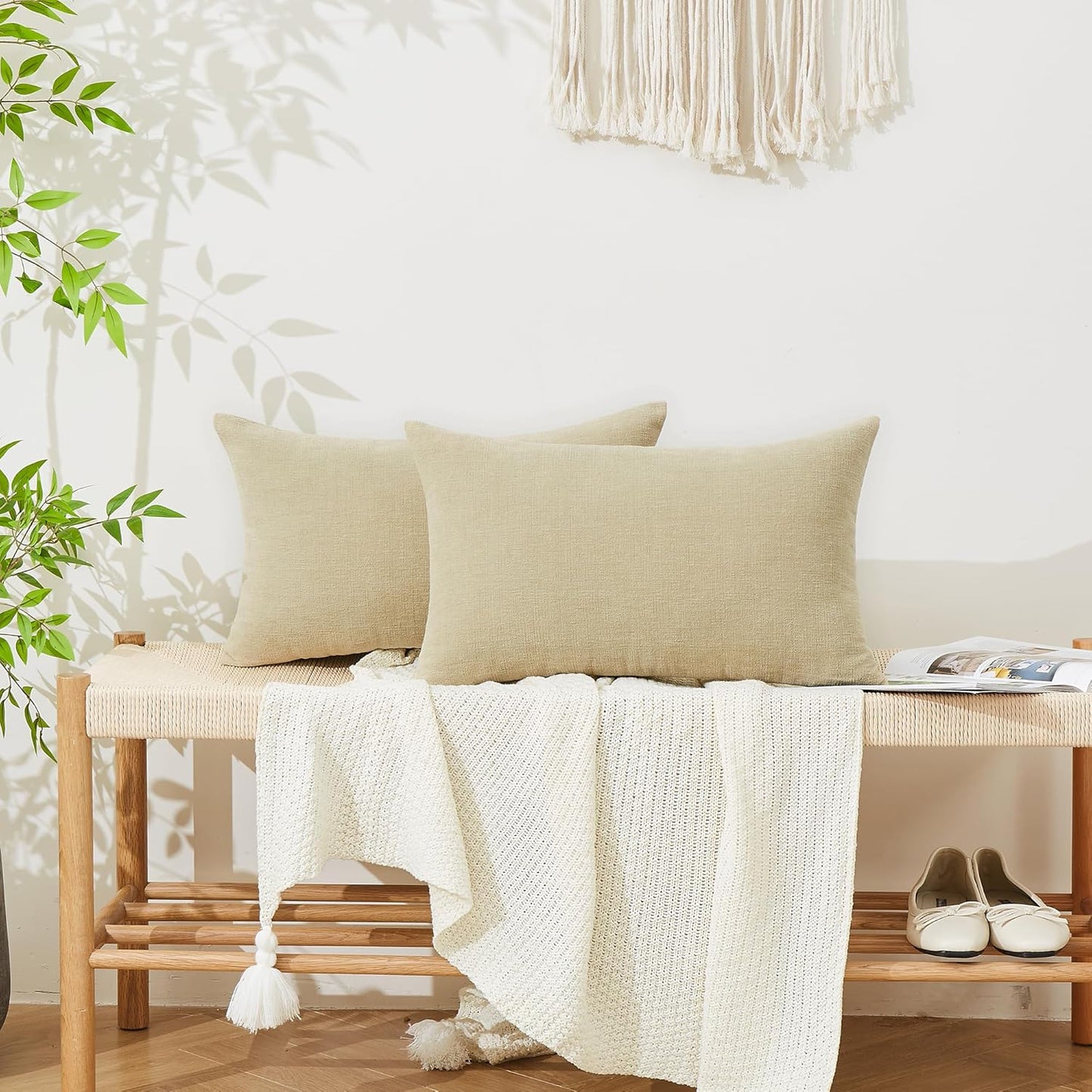 GAWAMAY Lumbar Decorative Throw Pillow Covers 12"x20" Inch Set of 2, Super Soft Chenille Rectangle Pillowcase for Living Room Bedroom Sofa Couch Cushion Support Pillow Cover 30x50cm Khaki (No Insert)