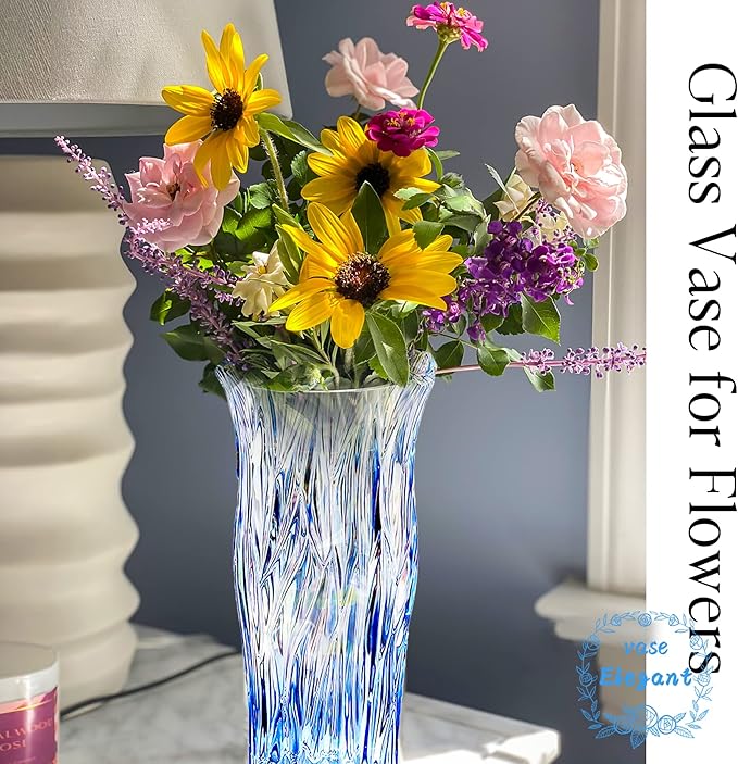 Glass Vase for Flowers, Blue Clear Glass Vases for Centerpieces, Crystal Vase for Home Table Flower Decor 9.1 inches Tall