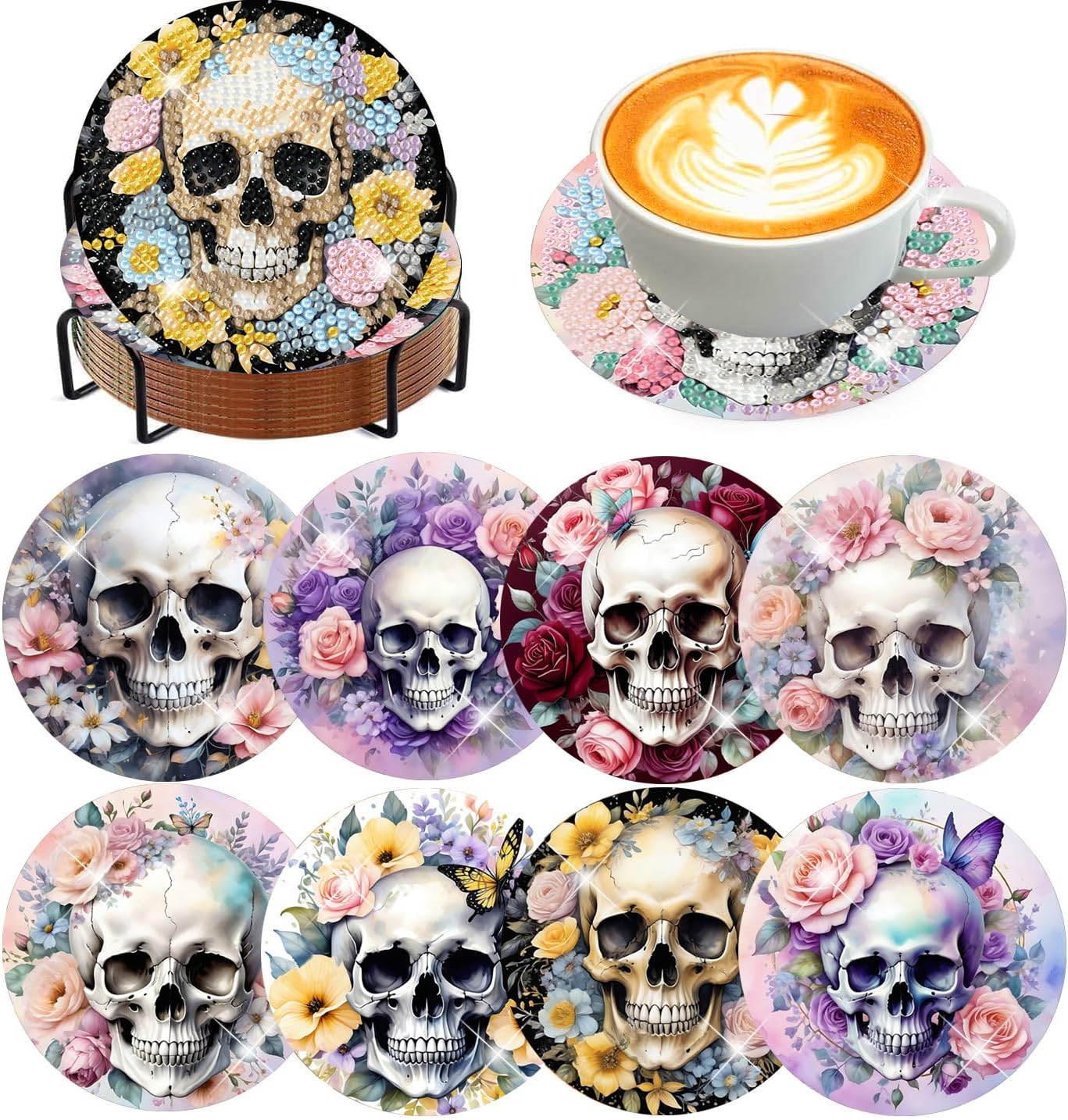 Meothan 8 Pcs Diamond Art Coasters Kits for Adults with Holder Cork Pads, Skull Flowers Diamond Dots Art Painting Coasters Crafts Kit for Home Office Decor (4x4in)