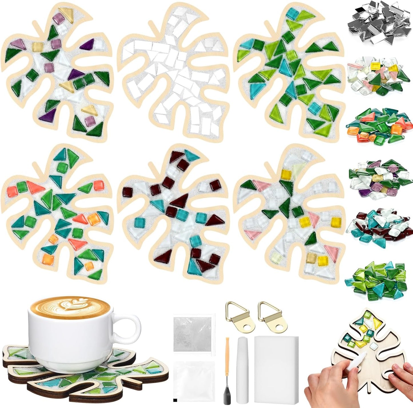 Honeydak 6 Sets DIY Leaves Glass Mosaic Tiles with 6 Sets Leaves Wooden Coasters Making Mosaic Crafts Materials Package Mixed Stained Glass Kit for Handmade Colourful Home Gifts Indoor Decor
